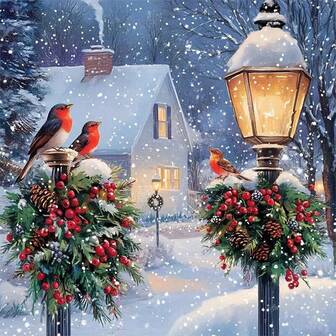 New Arrival 1pc Snow Street Lamp Hungry Bird Pattern Diamond Painting Kit, DIY 5D Round Crystal Diamond Mosaic Artwork, Suitable For Home Wall Decor, Handmade Home Decor Gift For Halloween, Christmas, Frameless