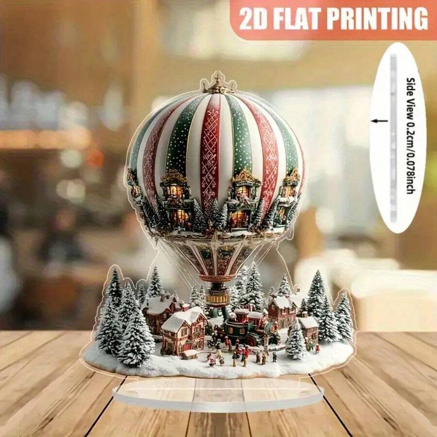 2D Flat Seasonal Gift, Charming Acrylic Village Decor With Colorful Houses, Hot Air Balloons & Holiday Trees - Printed Holiday Tabletop Display, Home Office Living Room Cabin Decoration - Multicolor - View 1