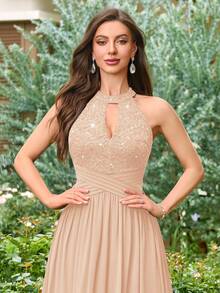 MIUSOL Đầm dạ hội hở lưng, chất liệu chiffon phối ren hoa đính sequin, màu tương phản, xếp ly, thích hợp cho khách dự đám cưới, lễ tốt nghiệp, tiệc chiêu đãi và các dịp khác trong mùa hè. - Rượu sâm banh - Xem 9