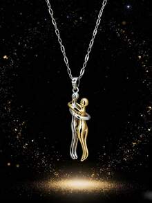 1pc Embracing Couple Pendant Necklace, Gold Lip Chain Necklace Suitable For Valentine's Day Wear For Men And Women