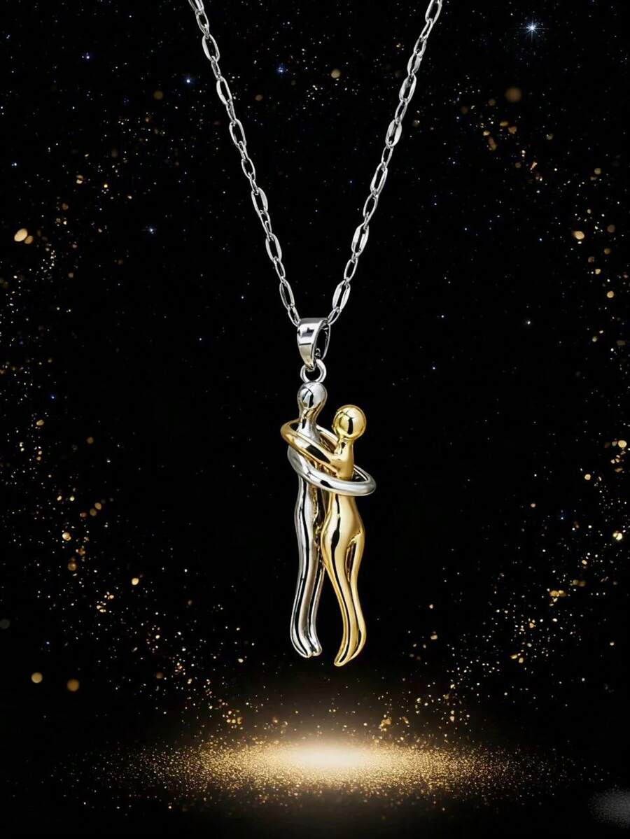 1pc Embracing Couple Pendant Necklace, Gold Lip Chain Necklace Suitable For Valentine's Day Wear For Men And Women