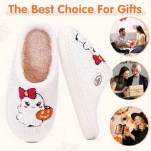 Cozy Plush Halloween Pumpkin Slippers, Non-Slip Fluffy Design - Ghost Pumpkin - View 4