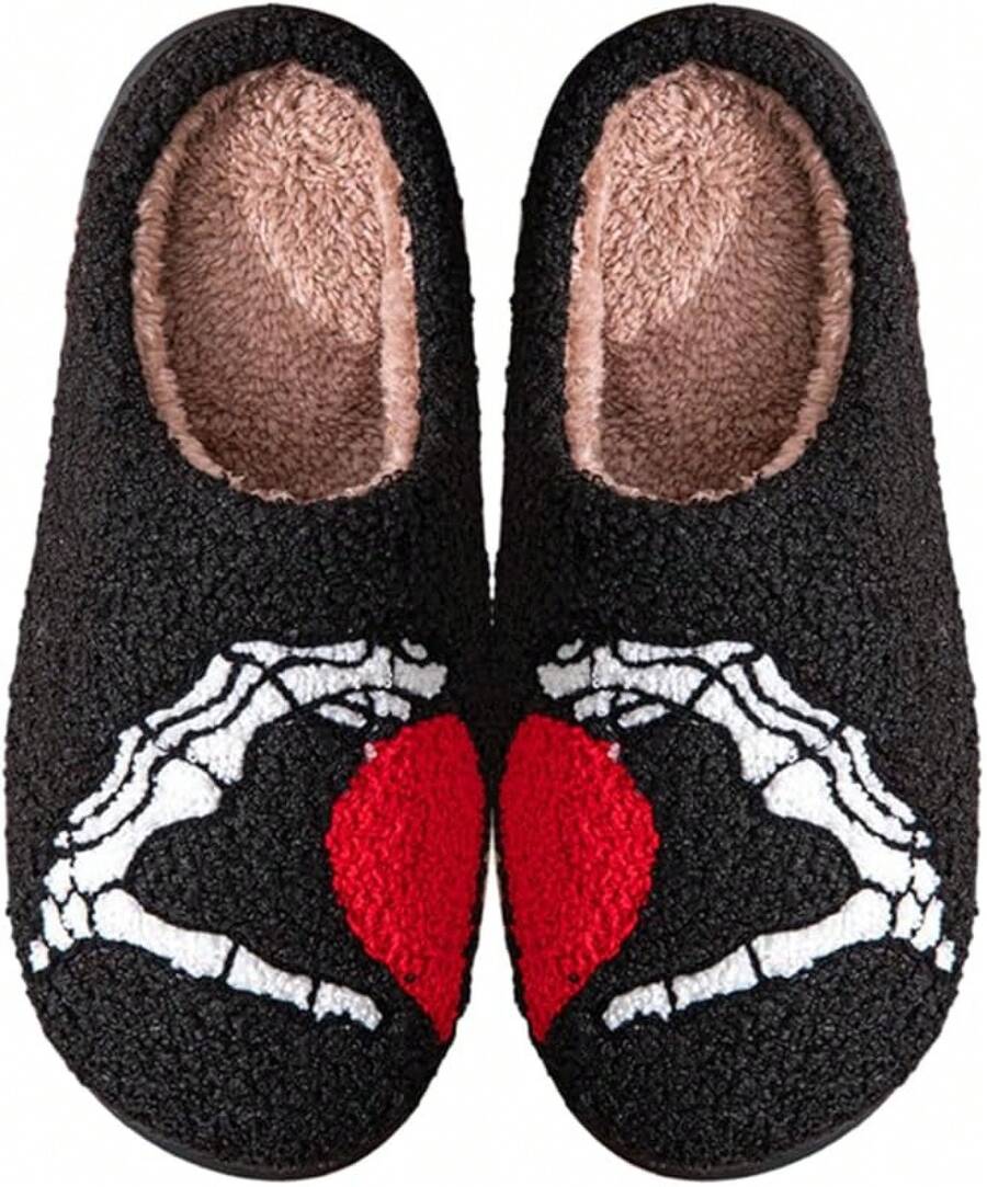 Pantuflas de calabaza de peluche acogedor de Halloween, diseño esponjoso antideslizante - Manos de corazón negro - Ver 1