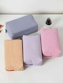1pc Striped Makeup Storage Bag, Fashionable Striped Storage Bag, Large-Capacity Stationery Storage Pencil Case, Zipper Storage Makeup Bag, Convenient Toiletries Storage Bag, Dressing Table Makeup Brush Storage Bag