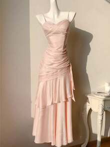 闪亮褶皱荷叶边下摆派对连衣裙，优雅珠光吊带演唱会礼服，时尚婚礼伴娘正式生日返校礼服，夏秋季 - 淺粉色 - 查看 9