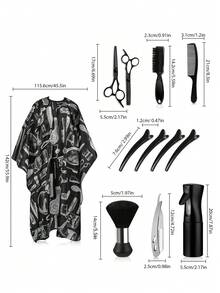 专业理发用品：1/2/4/12 件理发工具套装，包括美发披肩、长袍、带颈掸的理发剪刀、发夹、胡须刷、胡须剃刀、理发梳、美发围裙、染发披肩、清洁刷、沙龙喷雾瓶、造型喷雾瓶、酒精喷雾瓶、高压喷雾瓶和美发工具套装。 - 彩色 - 查看 11