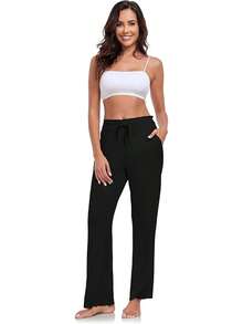 Women's Bamboo Rayon Pajamas Pants Wide Leg Yoga Pants Casual Loose Cozy Sweatpants With Pocketshalloween - Black & White - View 2