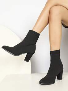 Women's Chunky Block High Heel Ankle Boots Pointed Toe Winter Dressy Short Booties - màu đen - Xem 1