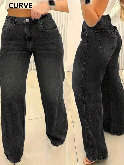Jeans rectos de talla grande de tela no elástica con bolsillo con botón y cremallera, de longitud completa