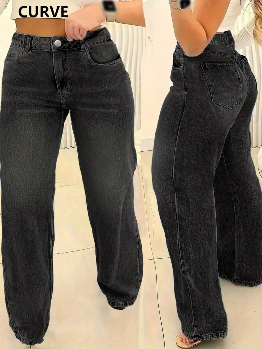 Quần jean ống đứng denim cỡ lớn có túi cài nút, khóa kéo, dài đến đầu gối, chất liệu vải không co giãn - Màu xám đen - Xem 1