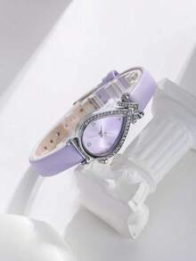 1pc Teardrop-Shaped Rhinestone Dial, Purple Leather Strap Watch, Suitable For Teenagers' Daily Travel And Party Wear
