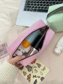1pc Striped Makeup Storage Bag, Fashionable Striped Storage Bag, Large-Capacity Stationery Storage Pencil Case, Zipper Storage Makeup Bag, Convenient Toiletries Storage Bag, Dressing Table Makeup Brush Storage Bag