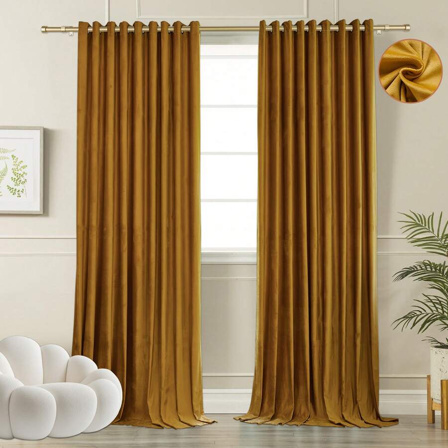 Golden Velvet Curtains, Luxurious 2-Panel Home Decorative Curtains, Blackout Curtains For Bedroom And Living Room, Thermal Insulating Luxurious Ultra-Soft Decorative Ring-Top Room Curtains, Suitable For Room Decoration, Holiday Decorations, Christmas Decorations, Living Room, Bedroom, Hotel, Apartment (Width 42 X Length 63 Inches, Width 42 X Length 84 Inches, Width 52 X Length 63 Inches, Width 52 X Length 72 Inches, Width 52 X Length 84 Inches, Width 52 X Length 96 Inches, Width 52 X Length 108 Inches) - 金色 - 查看 1