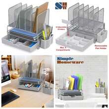 SimpleHouseware Mesh Desk Organizer with Sliding Drawer, Double Tray and 5 Upright Sections, Black - Plateado - Ver 1