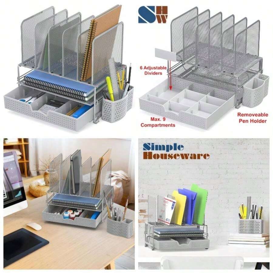 SimpleHouseware Mesh Desk Organizer with Sliding Drawer, Double Tray and 5 Upright Sections, Black - Plateado - Ver 1