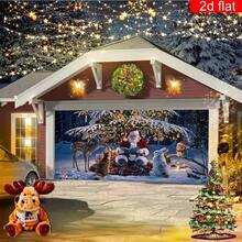 1 pieza Pancarta grande de poliéster para puerta de garaje, paisaje nevado invernal con Papá Noel y animales, durable y fácil de colgar, adecuada para decoración de pared en fiestas de Navidad y Año Nuevo - Rojo y blanco - Ver 5