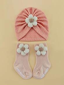 0-6个月婴儿四季花朵弹性头带帽子和袜子套装，新生儿无檐便帽礼盒，婴幼儿头饰配饰套装