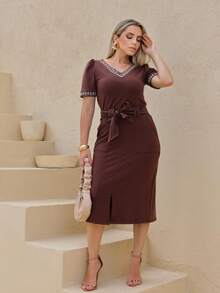 Women's Plus Size Set V-Neck Blouse Midi Skirt With Pocket Sweatshirt Elegant Evangelical Fashion Simple Office - 鏽棕色 - 查看 10