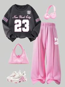 青少年女孩数字印花保暖圆领运动衫和裤子套装 - 黑色 - 查看 1