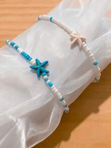 Minimalist Bohemian Style Beaded Shell & Starfish Anklet, Summer Beach Ocean Themed White Bead Ankle Jewelry, Suitable For Daily Wear