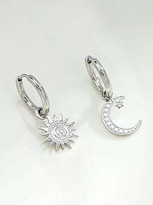 "1pc Silver Sun & Moon Pendant Earrings For Women – Gorgeous Stainless Steel Statement Jewelry With Celestial Design,  Fashion Dangle Earrings, Unique Daily & Party Accessory, Perfect Gift For Girlfriend, Wife, Mom, Friends & Astrology Lovers" - 銀色 - 查看 2