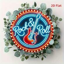 8x8 Inch Round Metal Sign, 2D Flat Rock Guitar Neon Wall Art, Waterproof & UV-Resistant, Frameless Music Themed Decor, Suitable For Cafe, Club, Bar, Room Decoration