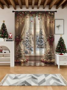 1pc Christmas New Christmas Ball Christmas Element Pattern Advanced Decorative Pole Curtains, Four Seasons Universal, Used For Outdoor, Pavilions, Bedroom, Kitchen, Office, Study, Living Room - Semi Blackout Window Screens And Curtains