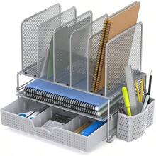 SimpleHouseware Mesh Desk Organizer with Sliding Drawer, Double Tray and 5 Upright Sections, Black - Plateado - Ver 6