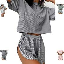 Split Short Pajama Set, Womens Striped Pajamas Set,Two Piece Set Striped Print Drop Shoulder Tee Wrap Split Shortshalloween - 黑色 - 查看 1