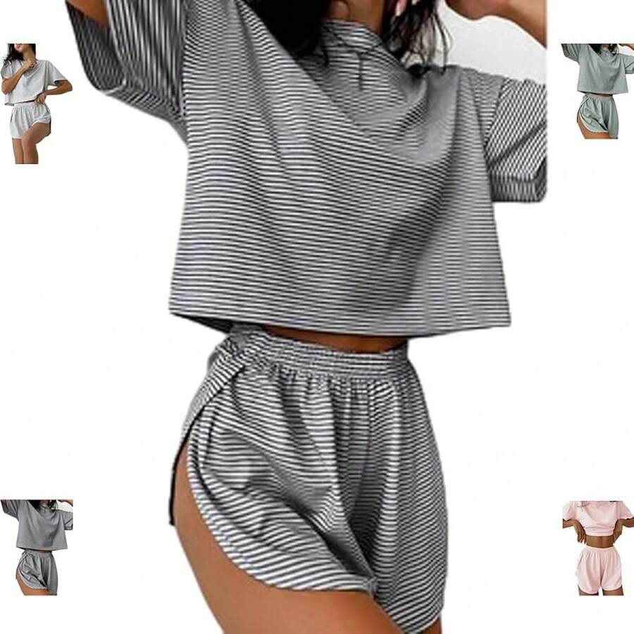 Split Short Pajama Set, Womens Striped Pajamas Set,Two Piece Set Striped Print Drop Shoulder Tee Wrap Split Shortshalloween - 黑色 - 查看 1