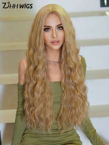 7JHH WIGS 28 Inch Loose Long Wave Blonde Wig For Fashion Women Gorgeous Middle Part Wavy Wig, Soft Synthetic Heat Resistant Fiber Hair Dark Golden Replacement Wigs For Girls Daily Wear, Music Festival Party Use - Gold - View 5