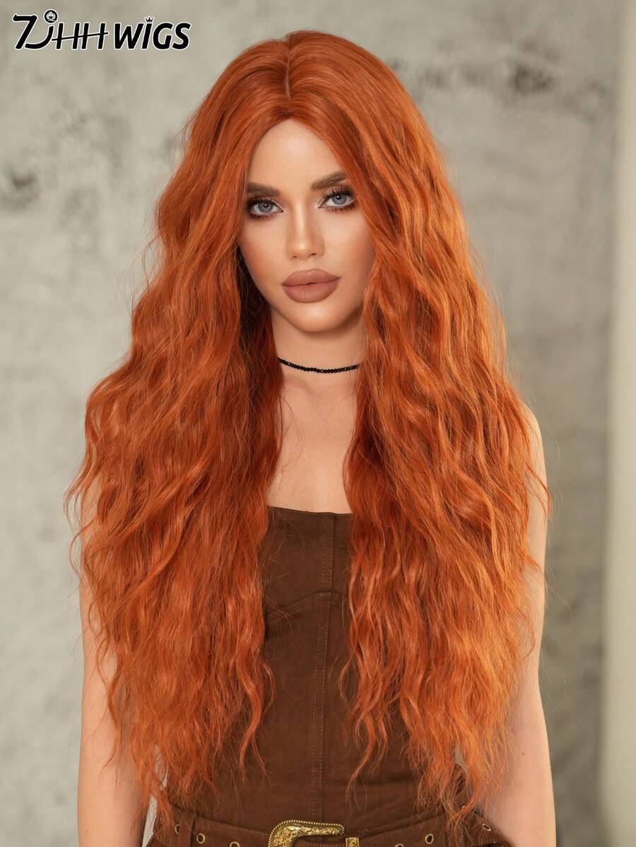 7JHH WIGS 28 英寸宽松长波浪姜黄色假发，适合时尚女性，华丽姜橙色中分波浪假发，柔软合成耐热纤维头发，自然赤褐色替换假发，适合女孩日常佩戴、音乐节派对角色扮演使用