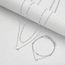 Juego de joyería de 3 piezas/1 set con collar, pulsera y accesorios a juego de perlas doradas multicapa con forma de corazón, ideal para uso diario, citas, reuniones pequeñas y todo tipo de combinaciones
