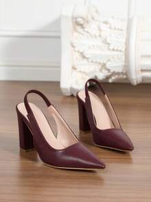 Modne damskie bordowe buty na wysokim obcasie z szpiczastym noskiem, z odsłoniętym tyłem i elastyczną taśmą, na grubym obcasie, w eleganckim stylu europejskim i amerykańskim - Burgund - Zobacz 6