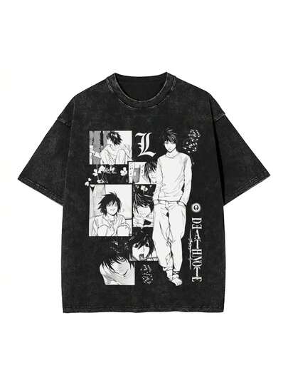 ofertas y liquidaciones Camiseta vintage lavada de  Anime L Lawliet con estampado gráfico de 8 paneles - Cuello redondo casual unisex para hombres y mujeres, ropa de todas las estaciones, tela duradera, lavable en máquina, mercancía Harajuku