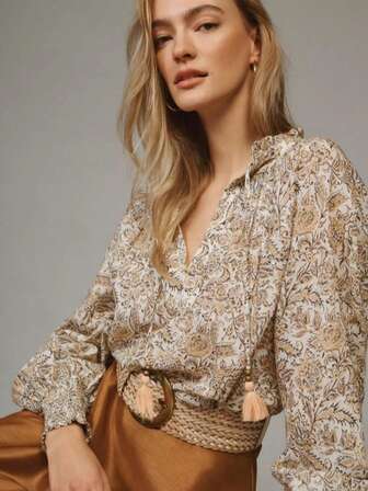 Ditsy Floral Shirred Long Sleeve Fashion Shirt For Women, Suitable For Beach Vacation