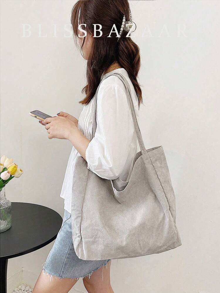 Minimalist Shopper Bag Double Handle Gray Corduroy
