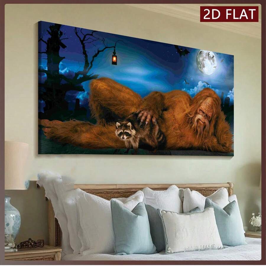 1 pièce Impression sur canevas style Art déco sans cadre, homme de bande dessinée avec animal dans la forêt de nuit étoilée, œuvre d'art de paysage, décoration pour la maison, le bureau, le salon, la chambre, le restaurant, le bar - intérieur et extérieur sans cadre 50x100cm/19,68x39,37 pouces