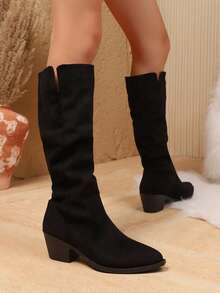 1 paire de bottes mi-mollet en tissu de couleur unie, décontractées. Bottes élastiques plissées, à bout pointu et talon épais. Convient pour les fêtes, le bureau, les mariages, l'automne/l'hiver - Noir - Voir 4