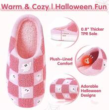 Cozy Plush Halloween Pumpkin Slippers, Non-Slip Fluffy Design - 粉紅色格子 - 查看 8