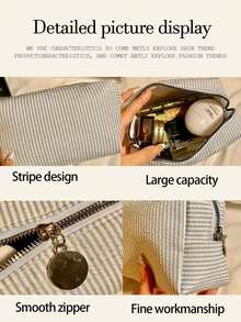 1pc Striped Makeup Storage Bag, Fashionable Striped Storage Bag, Large-Capacity Stationery Storage Pencil Case, Zipper Storage Makeup Bag, Convenient Toiletries Storage Bag, Dressing Table Makeup Brush Storage Bag
