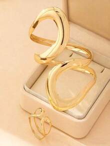 Elegant Geometric Hollow Bracelet & Ring Jewelry Set, Chic European Style For Summer