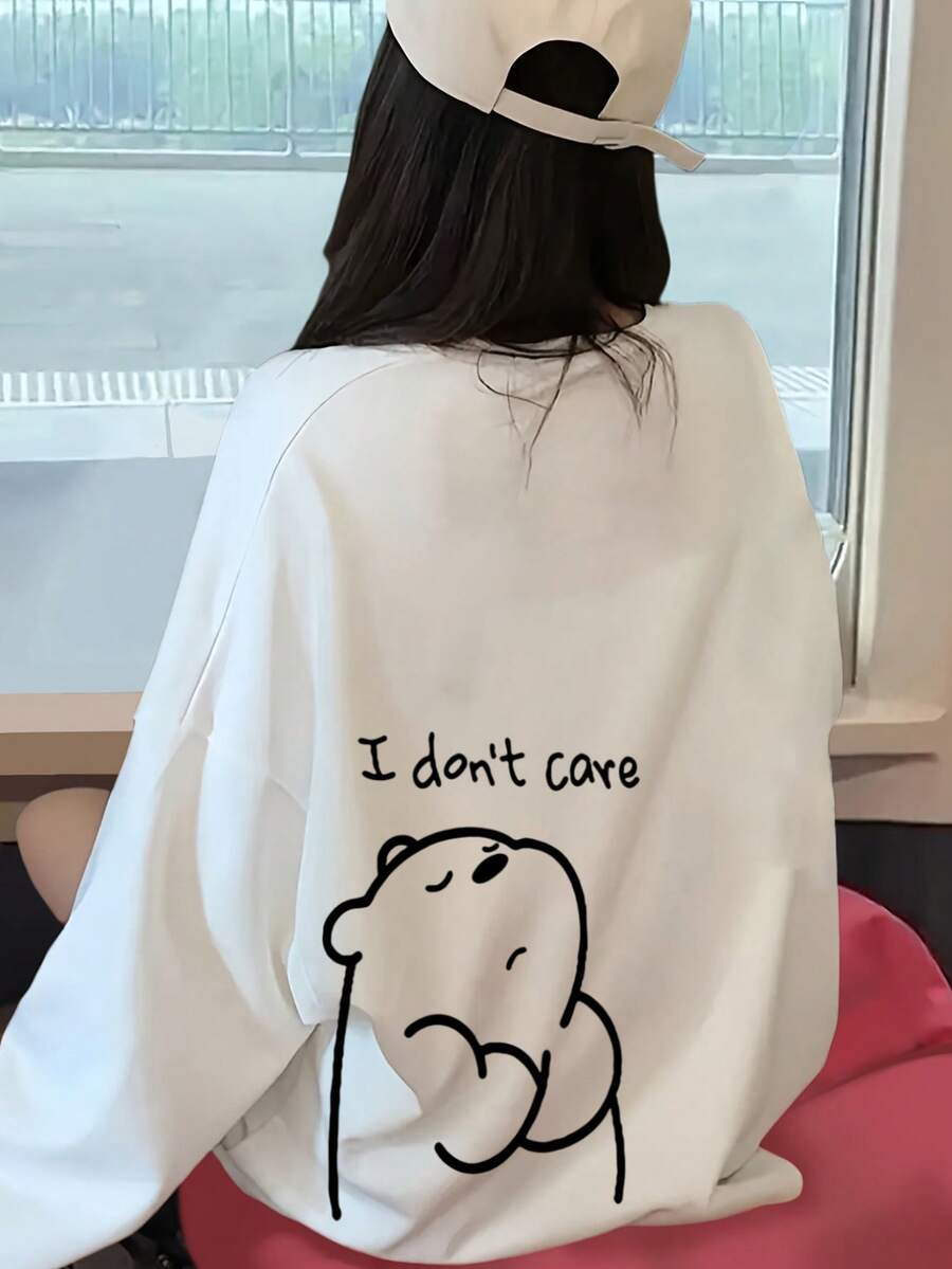 女士宽松字母卡通印花长袖T恤,适合春秋季休闲穿着,白色 - 白色 - 查看 1