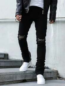 Men's Ripped Skinny Jeans With Zipper Cuffs - Black Distressed Denim Pants - màu đen - Xem 4