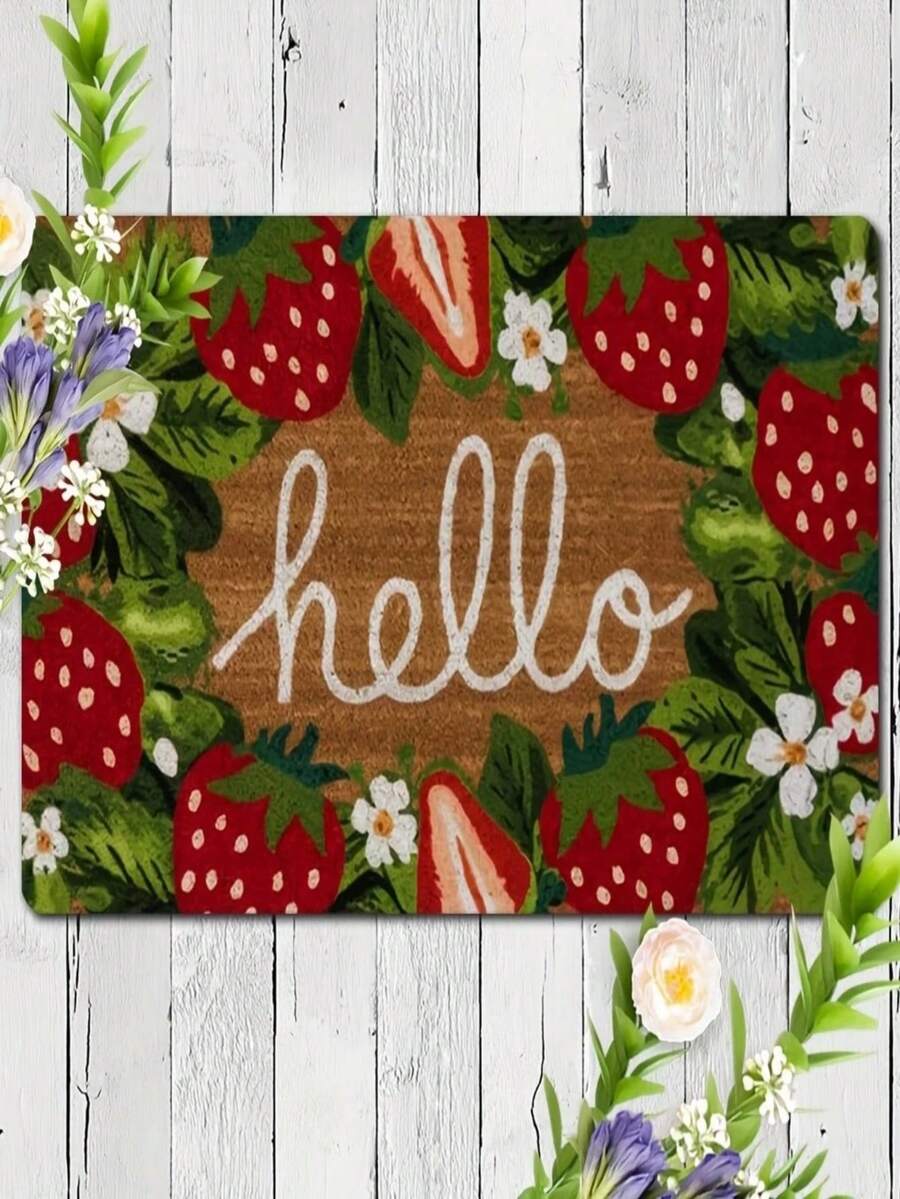 1pc Strawberry & Floral Pattern Doormat, Small Rug Suitable For Holiday Decor, Daily Decor, Room, Living Room, Bedroom, Kitchen, Office, Vintage Farmhouse Indoor/Outdoor Entrance Mat, Autumn/Winter Front Door Mat, Outdoor Doormat, Porch Mat, Entryway Mat