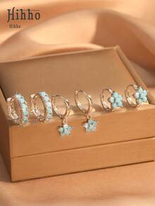 Hihho 6 件简约奢华方晶锆石镶嵌花朵吊坠耳环套装，优雅珠宝礼物 - 藍松石 - 查看 7