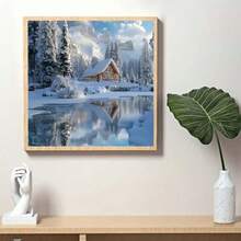 1 set de pictură cu diamant 5D pentru Crăciun de iarnă, cu tema Lac de gheață și cabană, cel mai bun cadou de ziua de naștere, cadou perfect de sărbători, potrivit pentru decorarea rafinată a mobilierului în dormitoare, camere de zi, birouri și bucătării