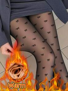 1双装 300克/220克/80克 女士性感透视黑色蝴蝶结连裤袜，商务性感风格，适合秋冬季节，大码可选，保暖内衬，保暖打底（适合0-15°C），舒适 - 黑色 - 查看 14