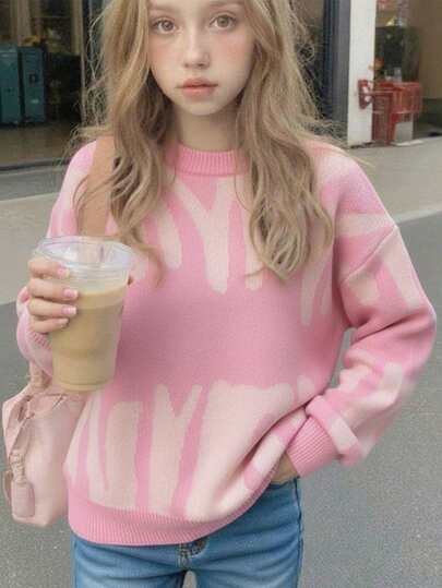 1 件女童厚休闲套头衫，圆领，适合居家、通勤、上学、户外活动、派对、秋季