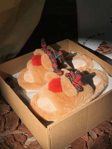 XIXITIAO 1 para uroczych pluszowych kapci z poroża renifera w kolorze czerwonym, unisexowe kapcie domowe z miękką podeszwą, kapcie dla pary, świąteczne płaskie kapcie z motywem renifera w kolorze czerwonym, wygodne i modne lekkie kapcie domowe - Brązowy - Zobacz 7